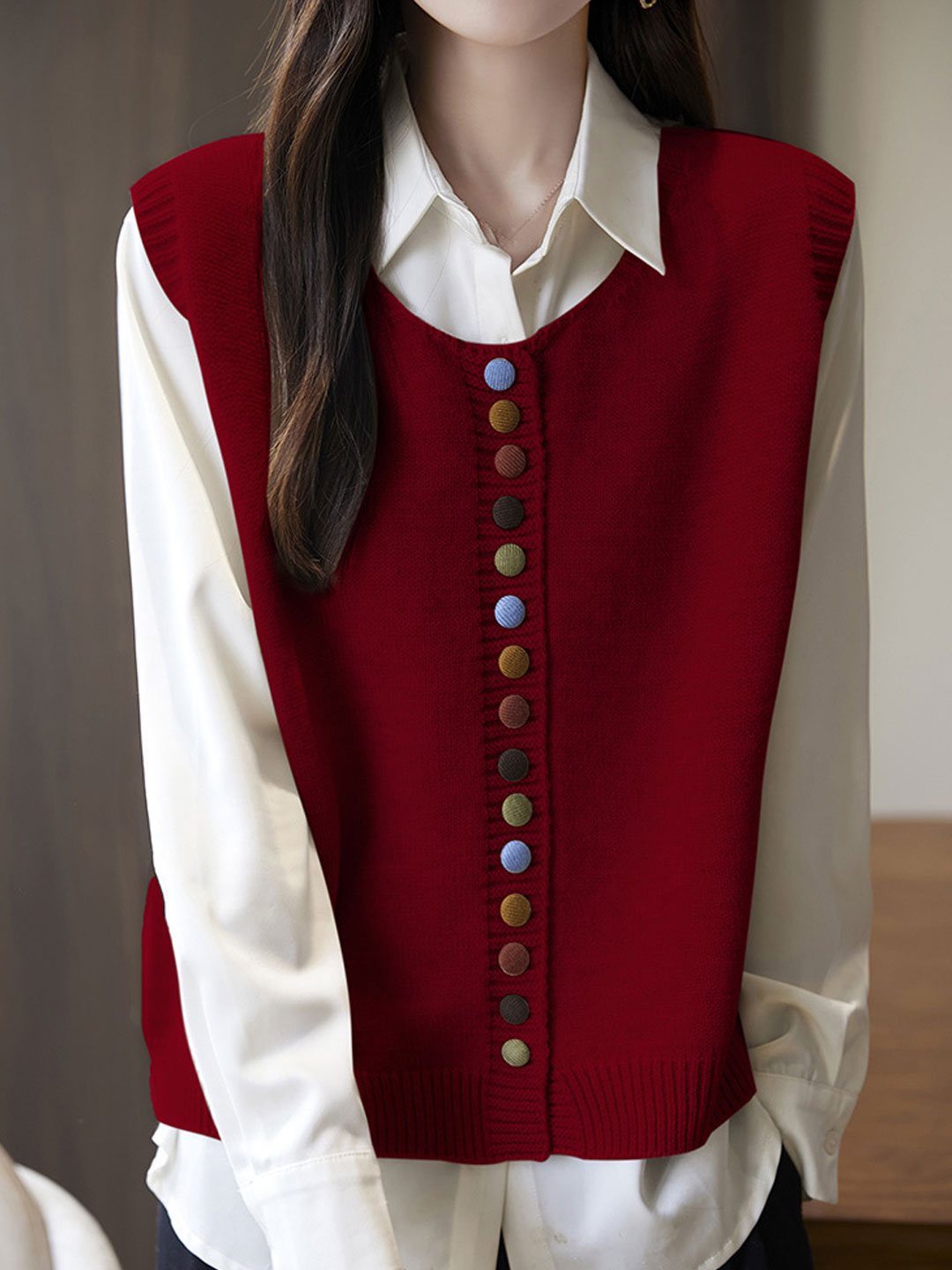 Sophia Vintage Crew Neck Knitted Vest-Red