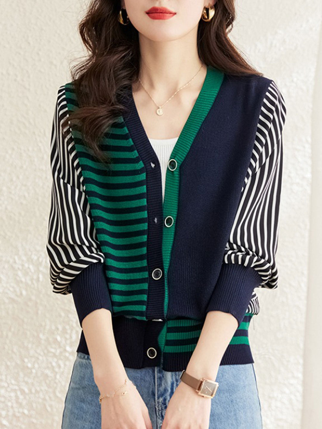 Trinity Casual V-Neck Striped Knitted Cardigan-Green