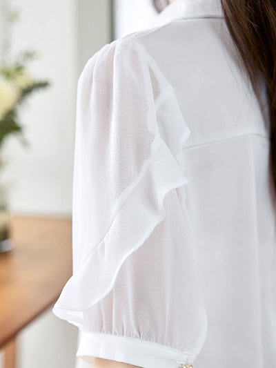 Elizabeth Elegant Lapel Chain Chiffon Shirt-White