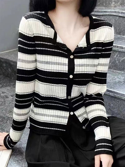 Sophia Slim Crew Neck Striped Button Knitted Cardigan