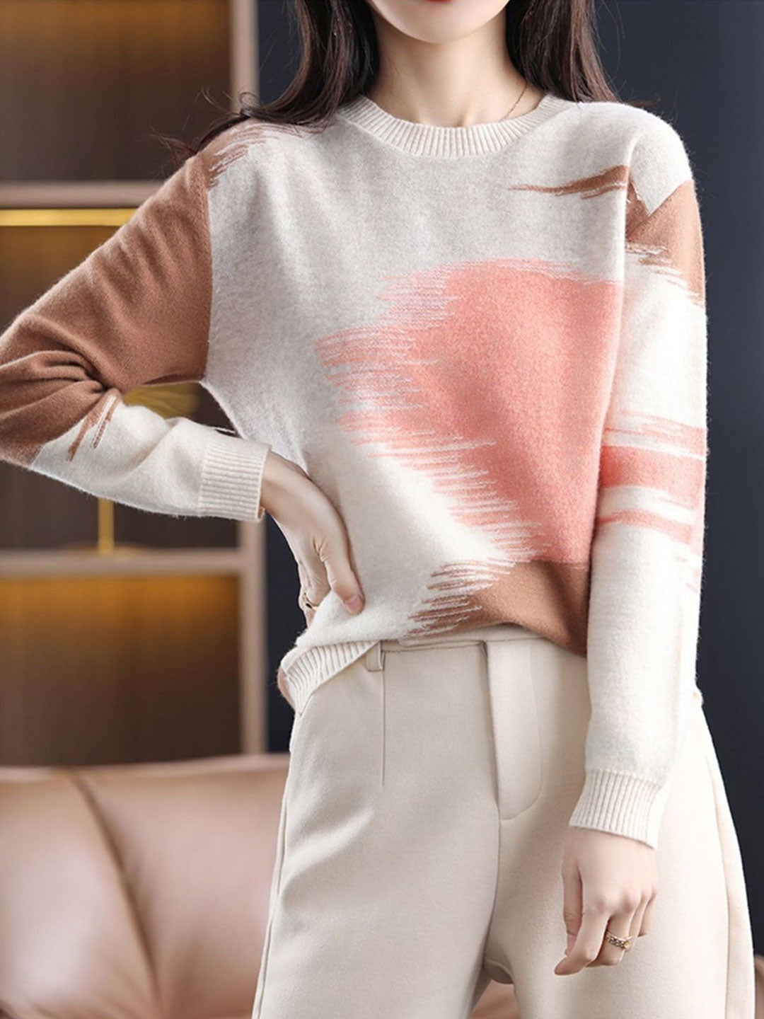 Kimberly Loose Crew Neck Contrast Knitted Sweater