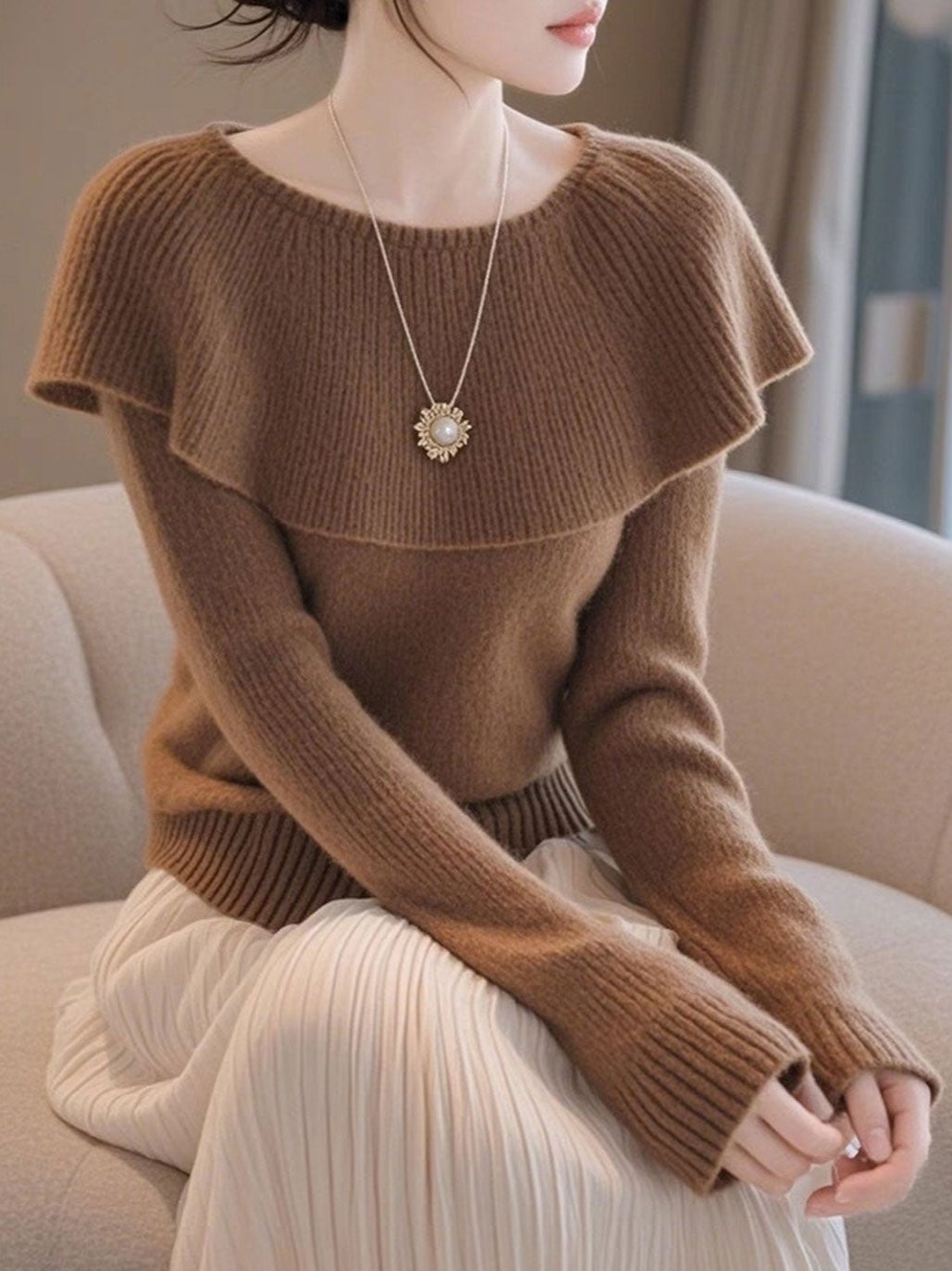 Vanessa Elegant Ruffle Collar Solid Color Knitted Sweater