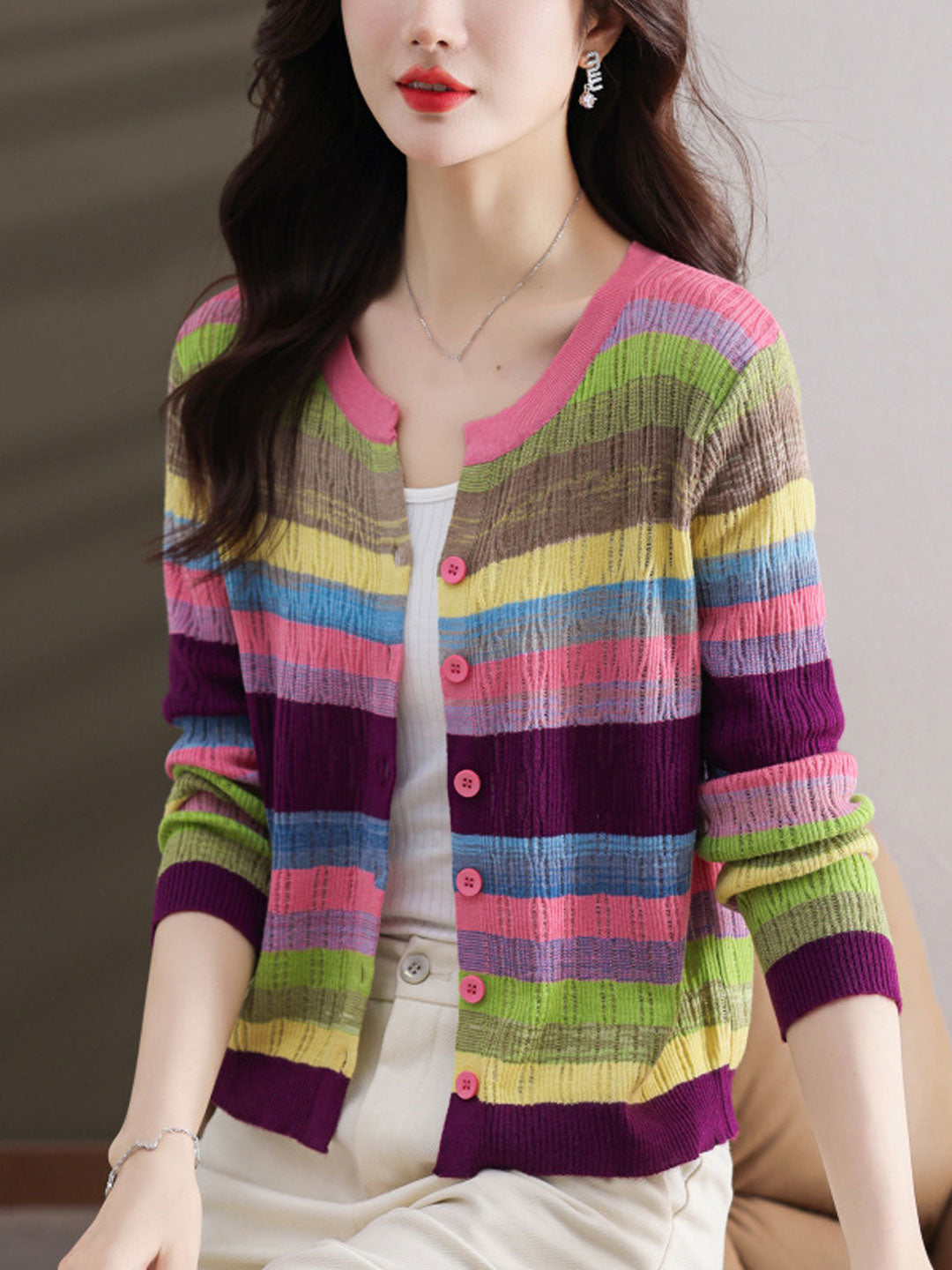 Hannah Classic Crew Neck Striped Knitted Cardigan