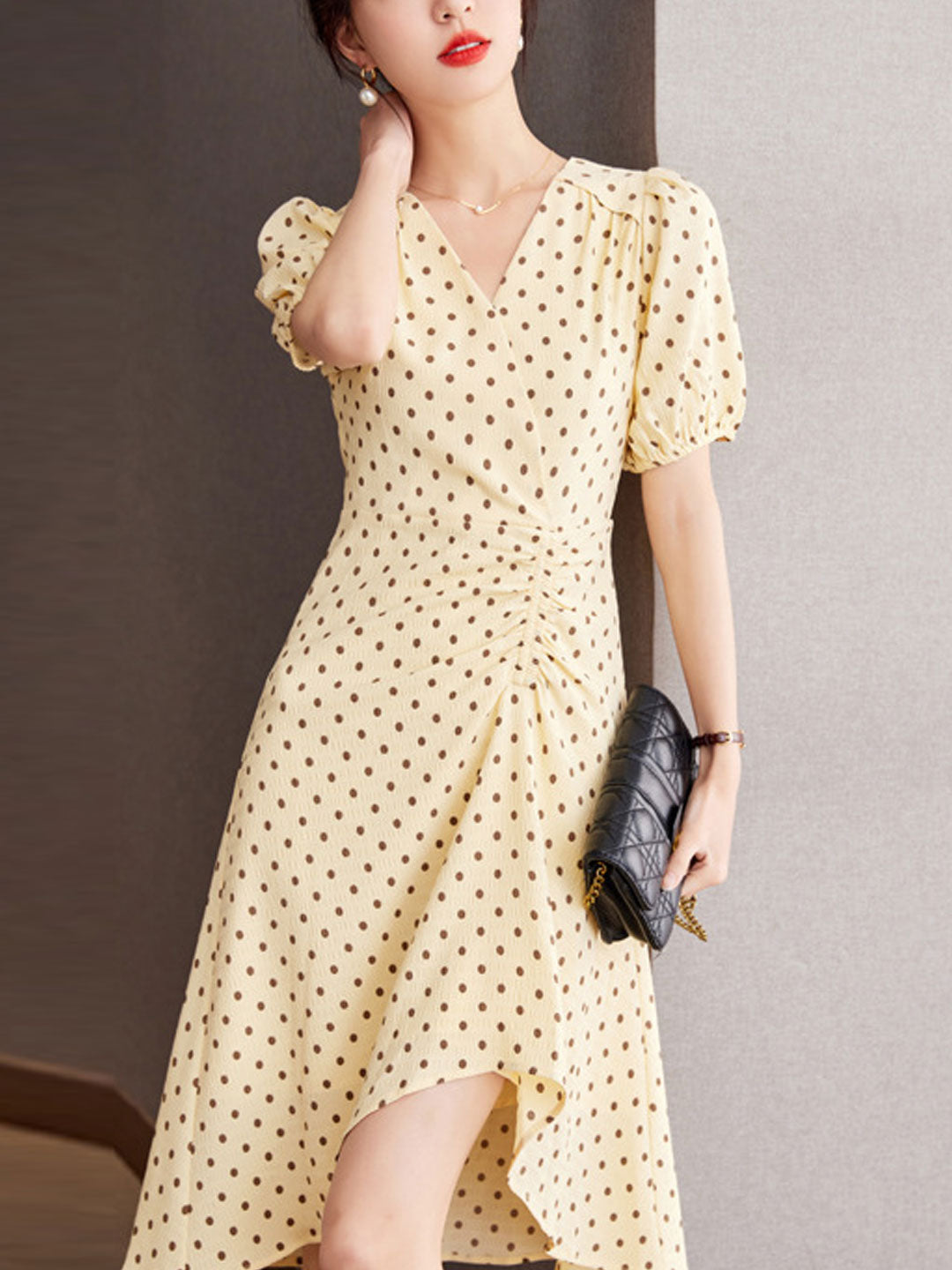 Chloe V-Neck Polka Dot Printed Irregular Dress