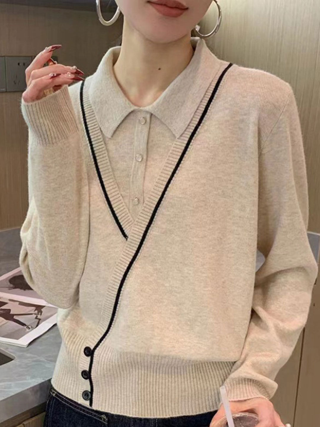 Kayla Casual Lapel Contrast Knitted Cardigan