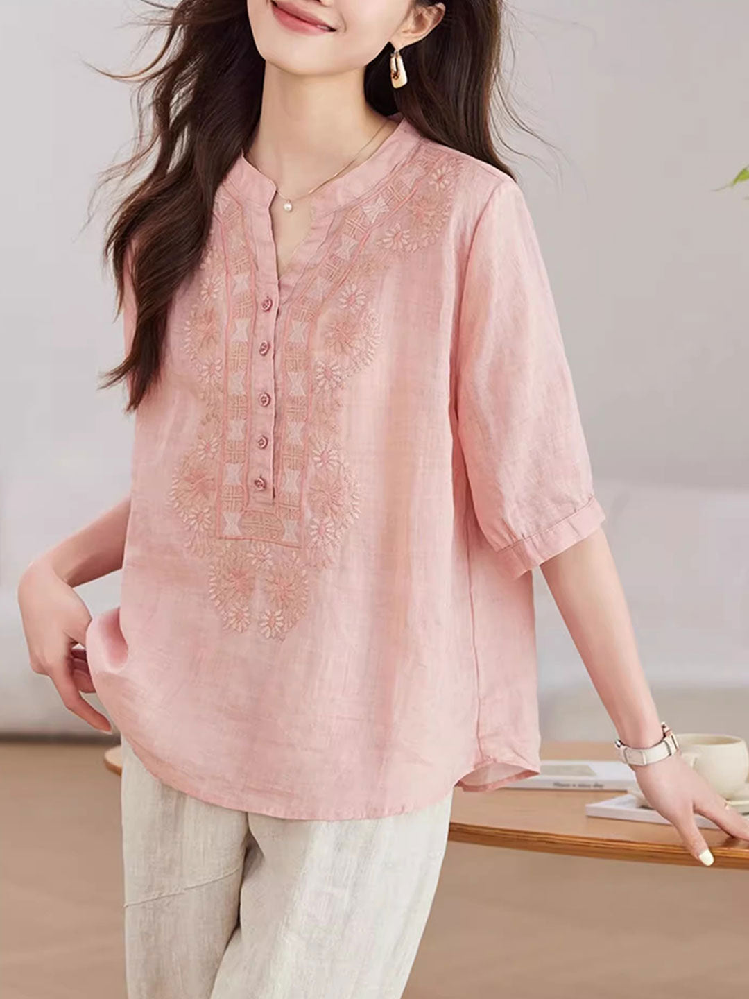 Zoe Loose V-Neck Embroidered Top