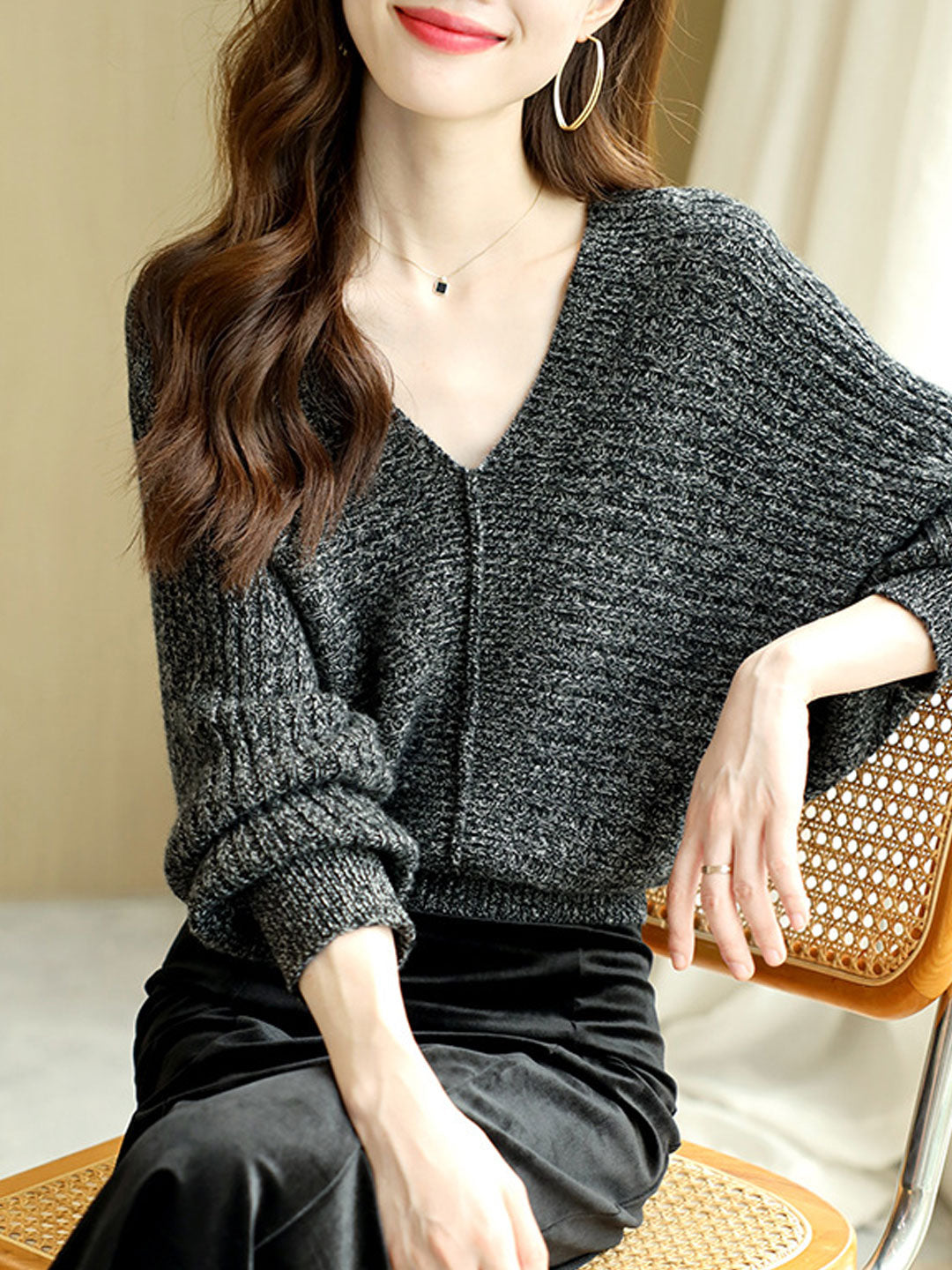 Bella Loose V-Neck Bat Sleeve Knitted Sweater