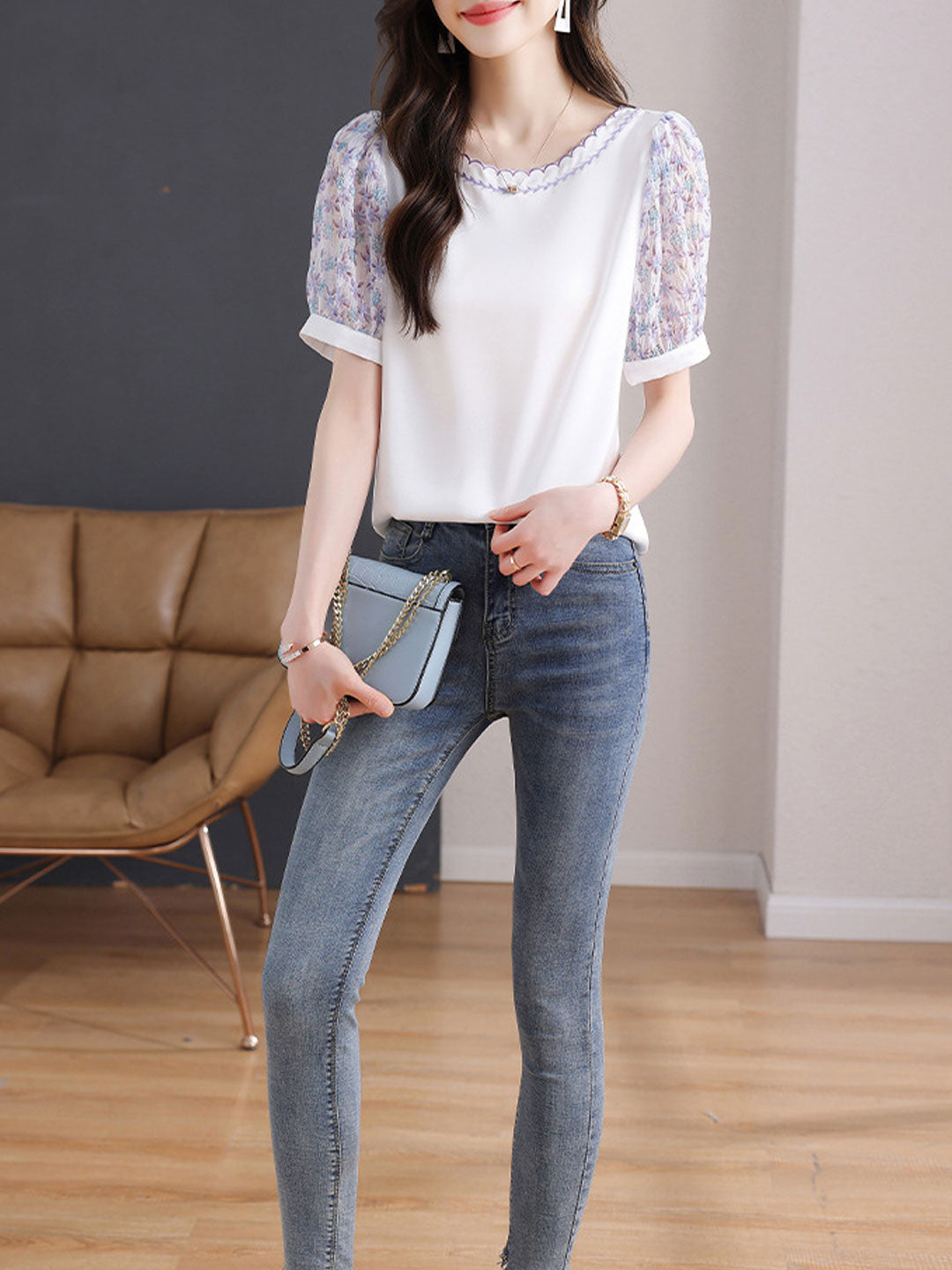 Chloe Classic Crew Neck Embroidered Floral Chiffon Top