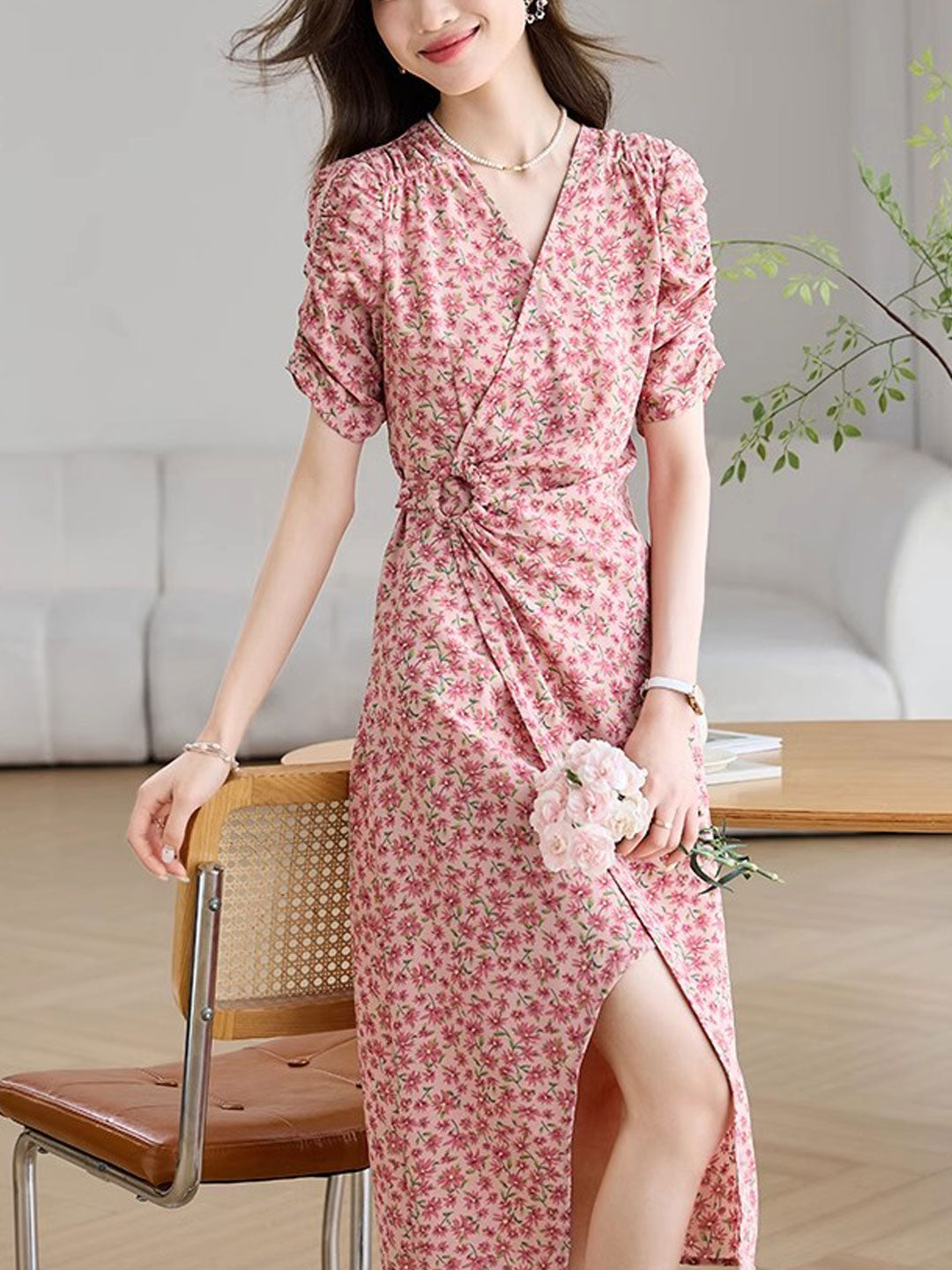 Bella Elegant V-Neck Floral Printed Silk Dress