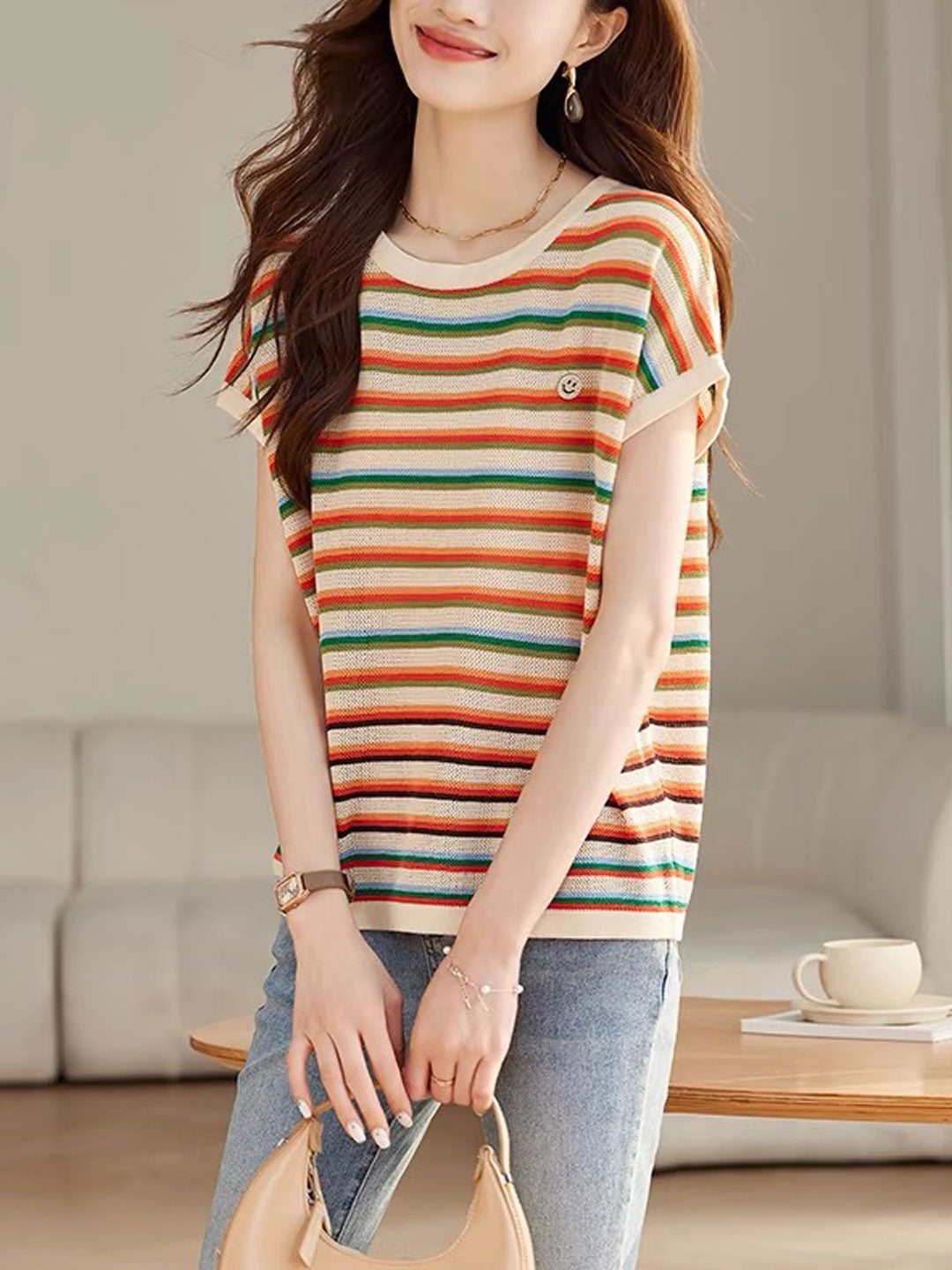 Olivia Loose Hollowed Colored Striped Top