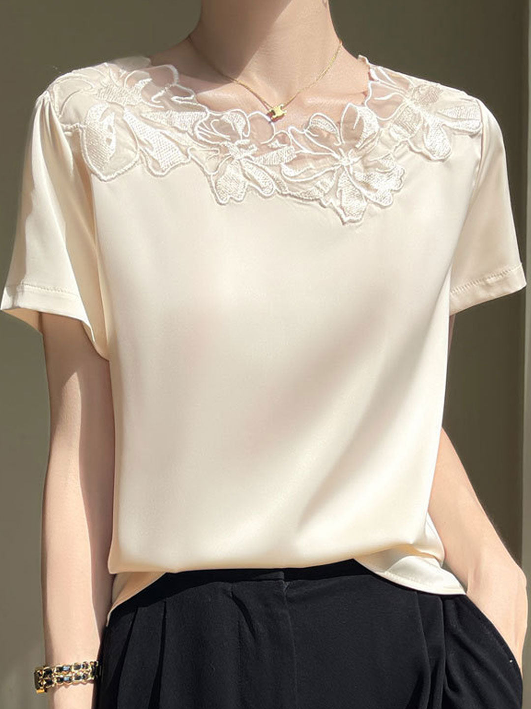 Claire Classic Crew Neck Satin Lace Patchwork Top