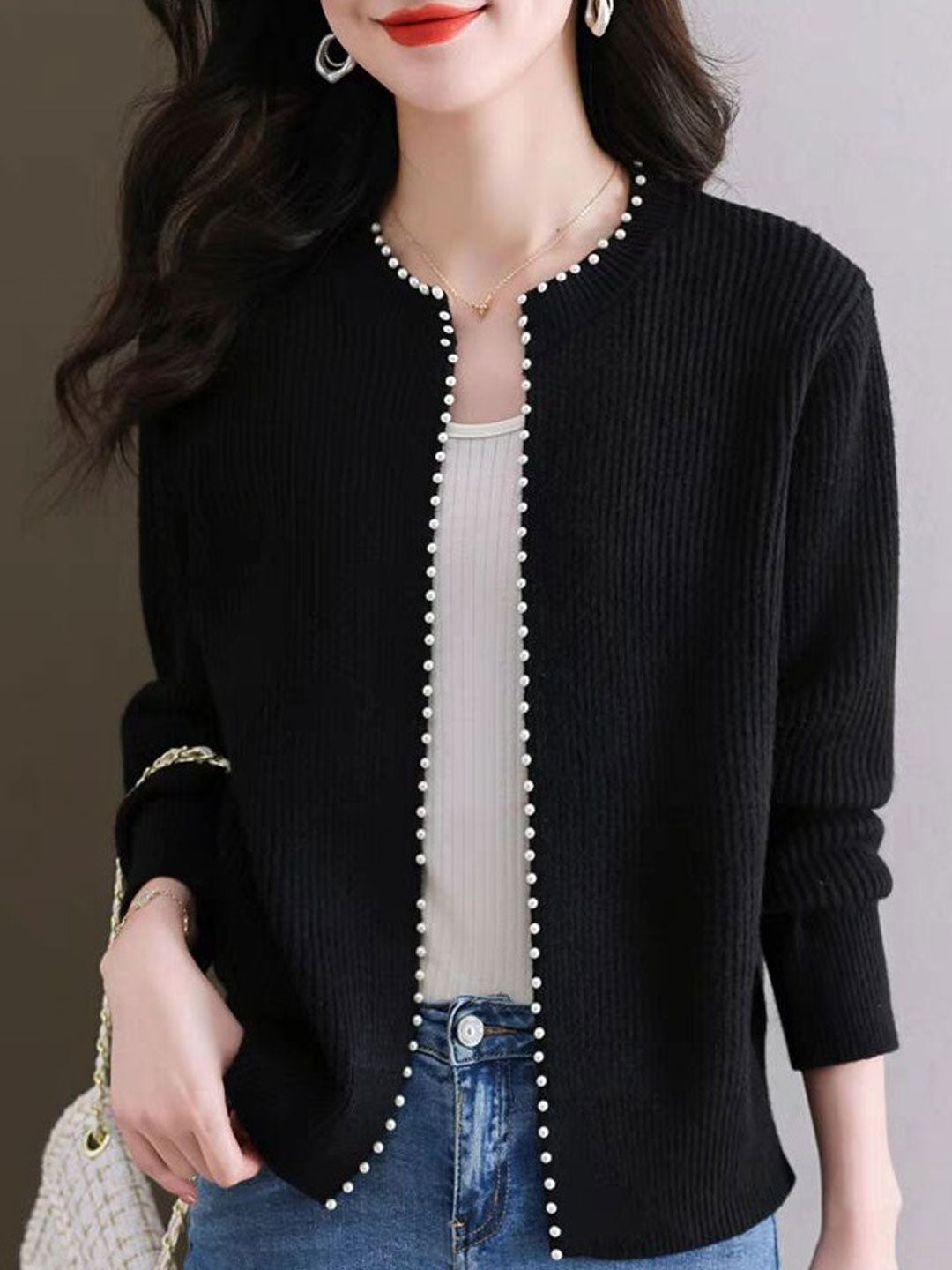 Mariah Classic Crew Neck Beaded Knitted Cardigan