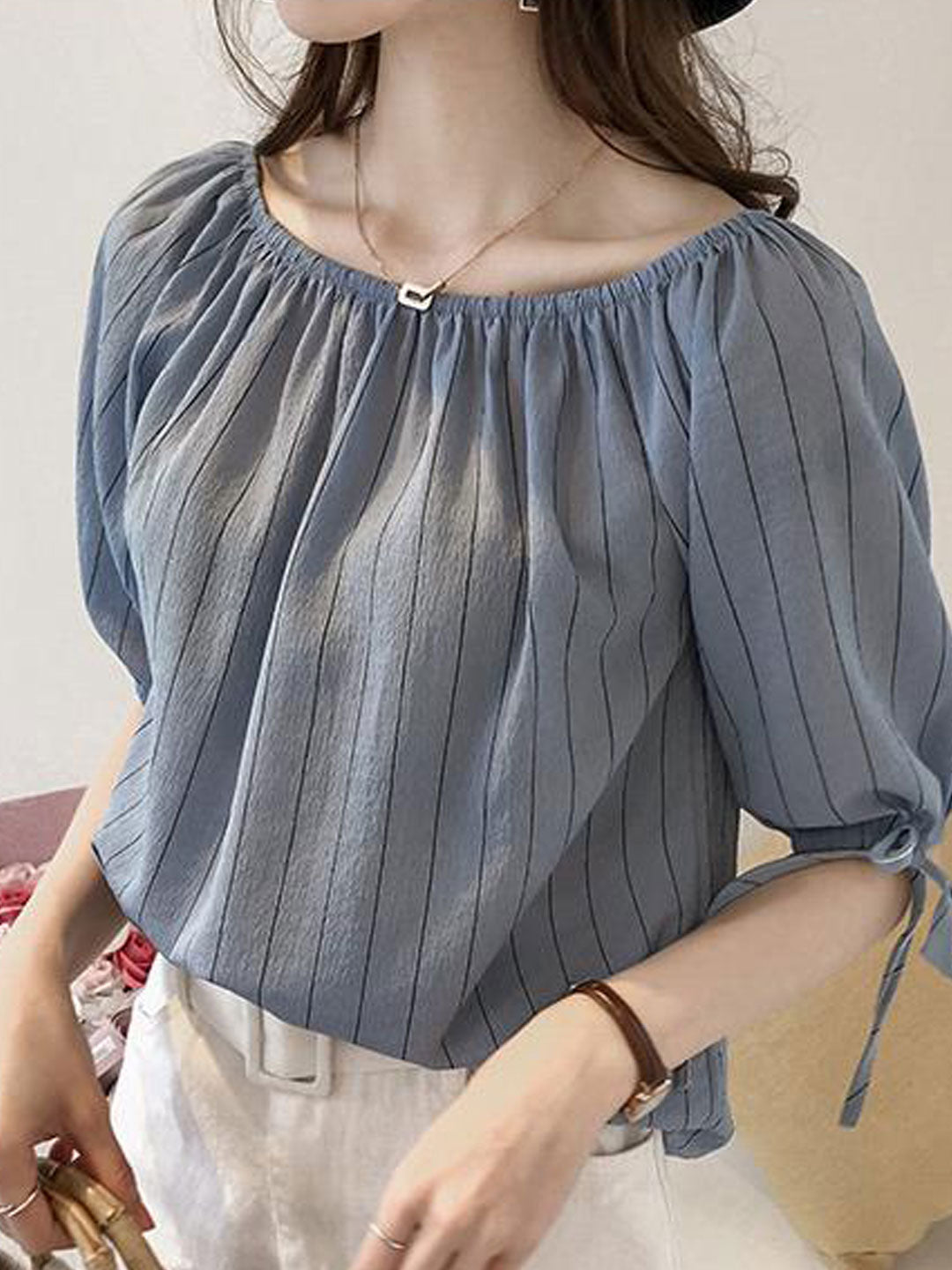 Molly Loose Lantern Sleeve Off-Shoulder Striped Top