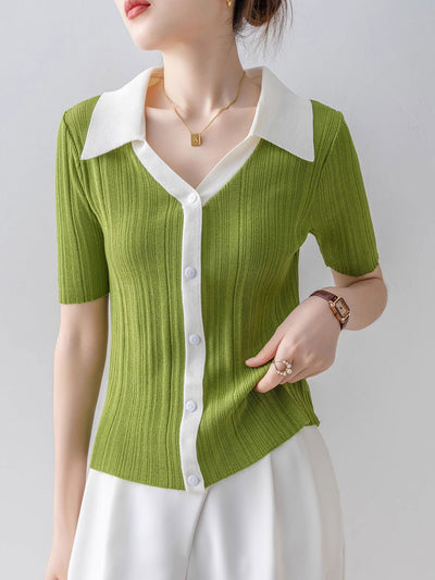 Molly Casual Polo Contrasted Color Knitted Top