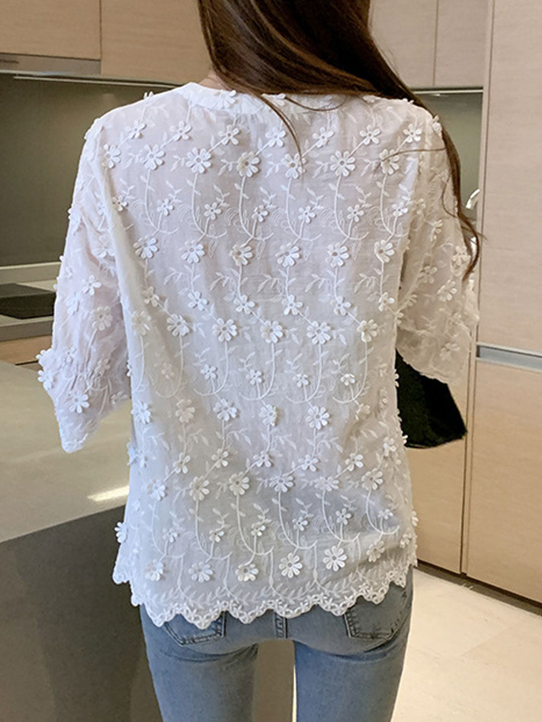 Vanessa Classic V-neck Flare Sleeve Embroidered Top