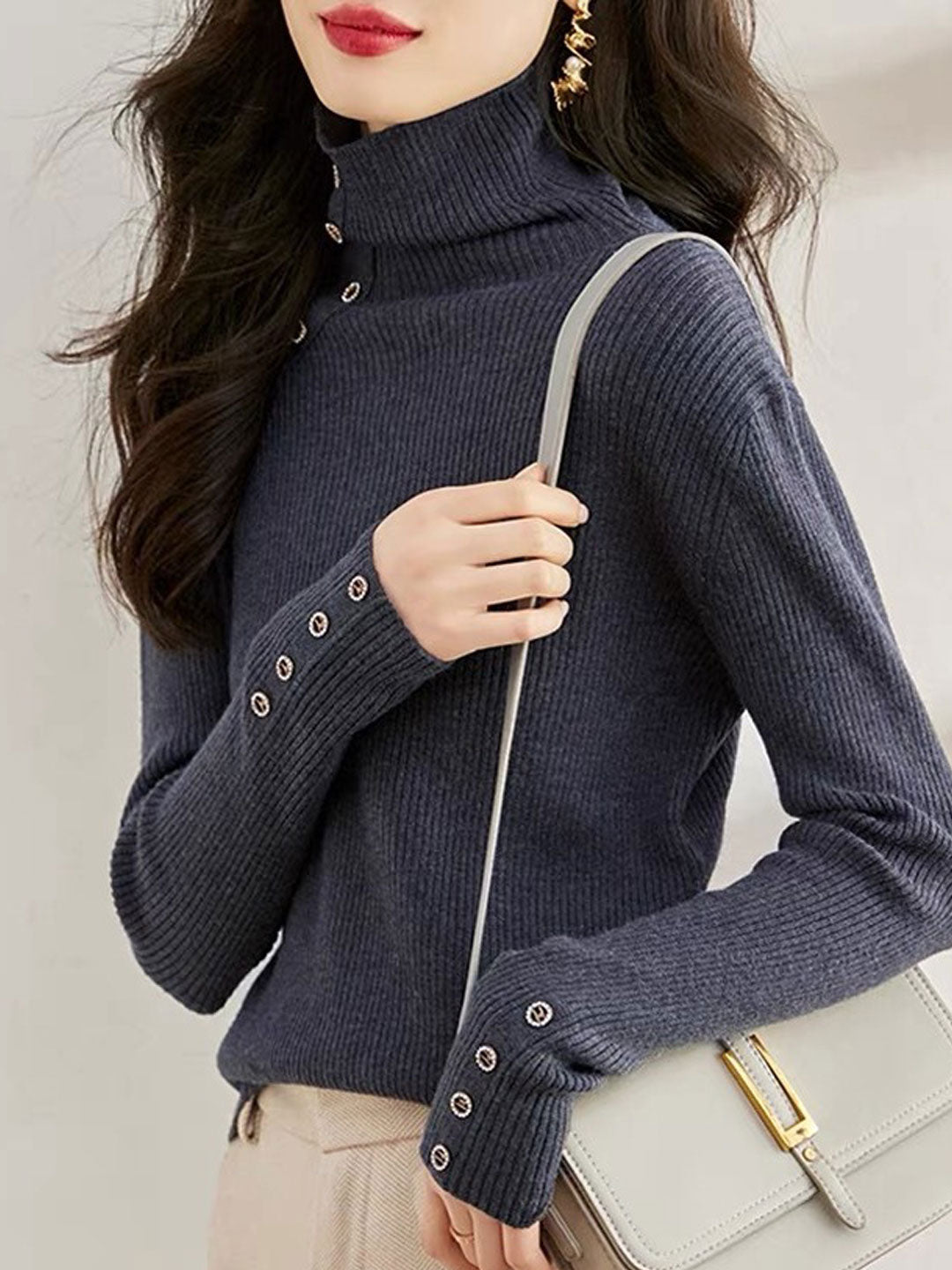 Jessica Turtleneck Solid Color Knitted Button Top