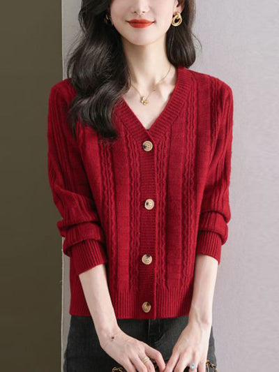 Ava Casual V-Neck Ribbed Solid Color Knitted Cardigan