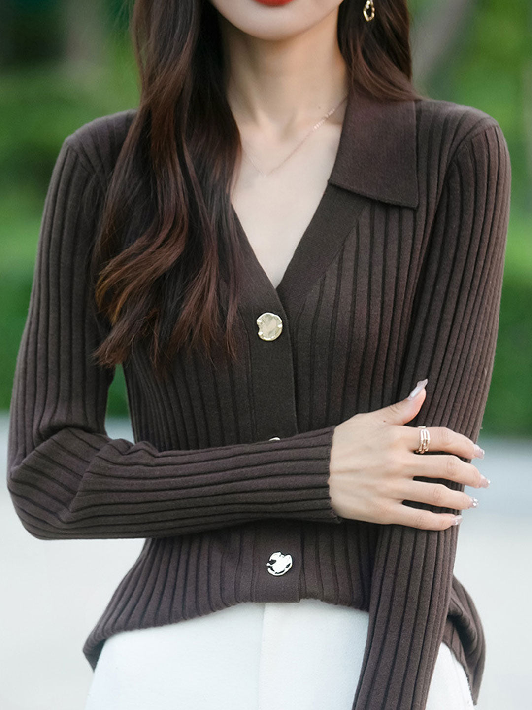 Mia Lapel Solid Color Ribbed Knitted Cardigan