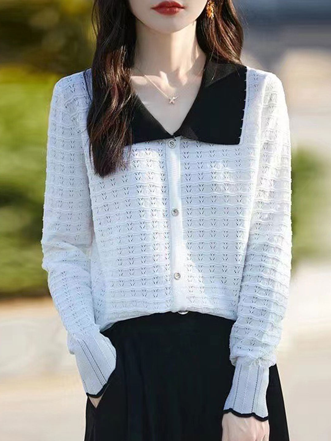 Grace Casual Doll Collar Hollowed Knitted Top