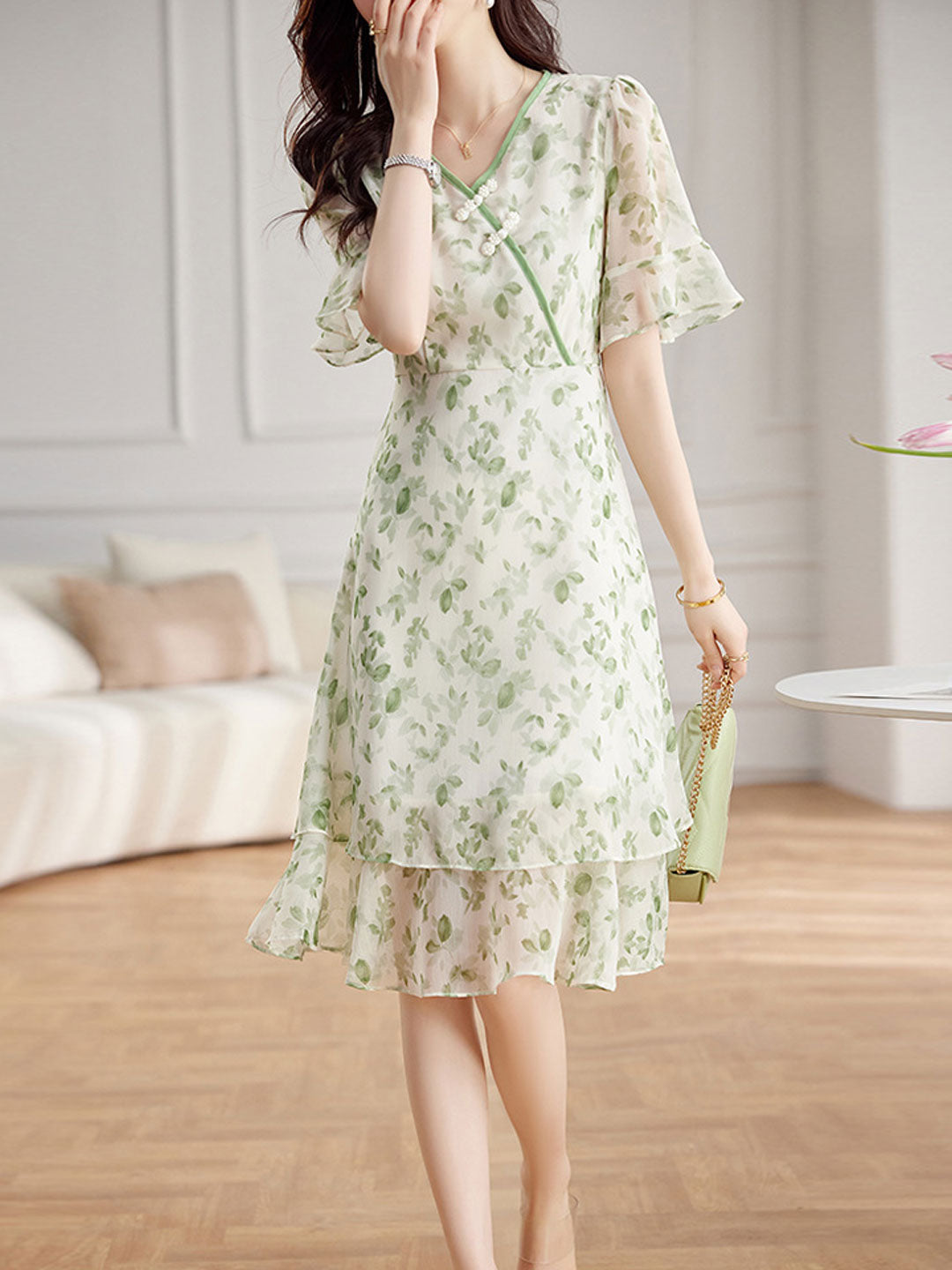 Brianna Elegant Flare Sleeve Printed Chiffon Dress