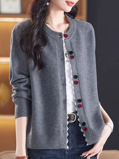 Hannah Loose Crew Neck Lace Patchwork Knitted Cardigan