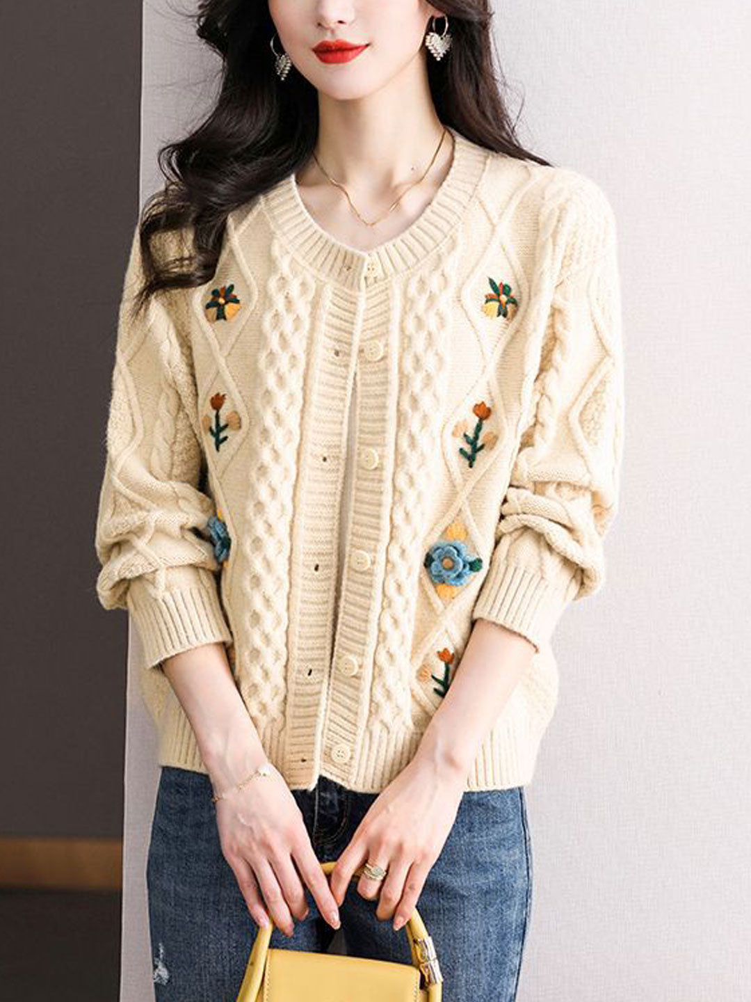 Jocelyn Retro Crew Neck Embroidered Knitted Cardigan