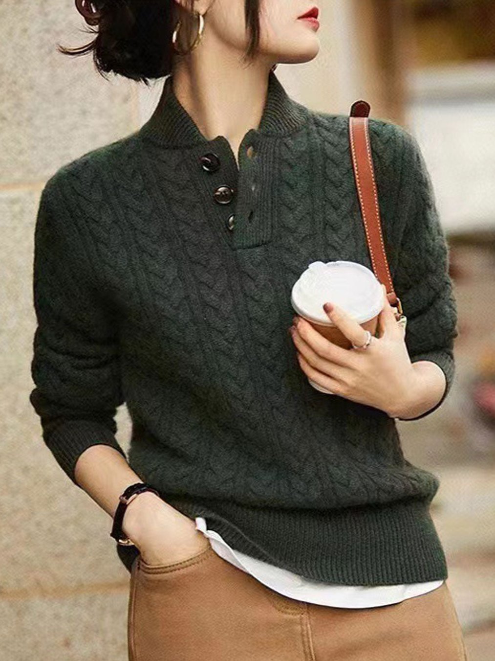 Anna Retro Solid Color Cable Knitted Top