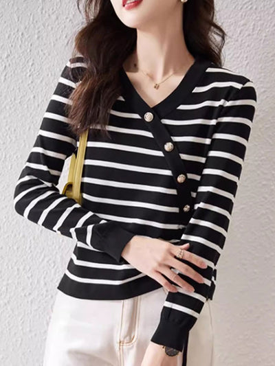 Abigail Casual V-Neck Drawstring Striped Knitted Top