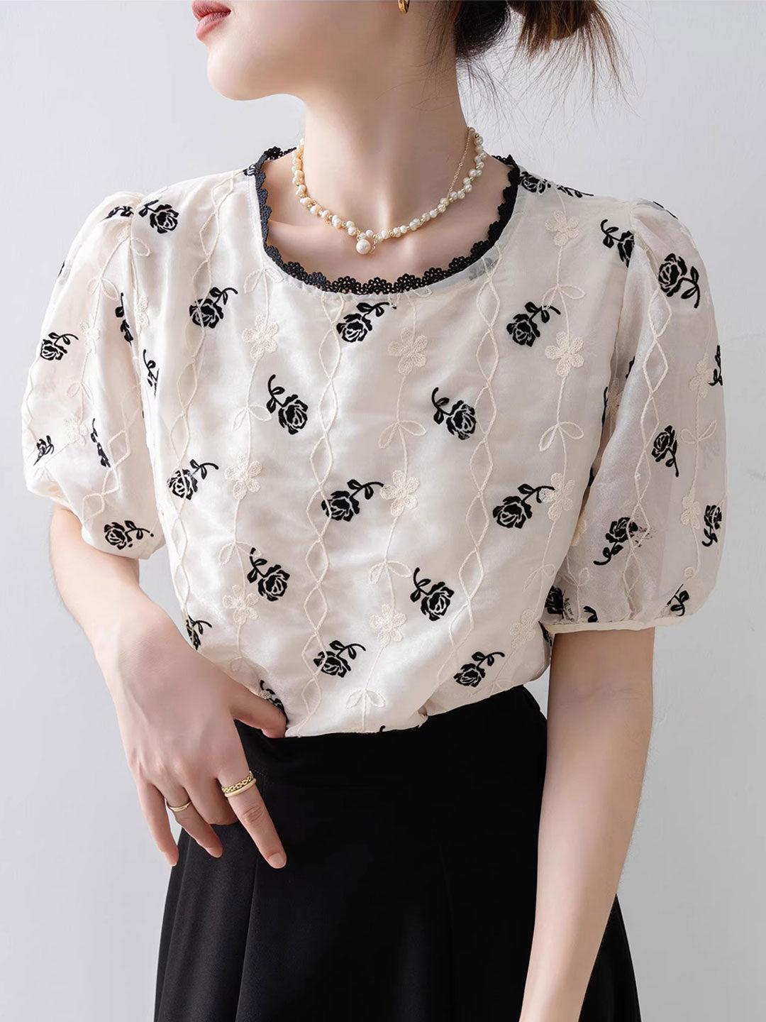 Mariah Vintage Puff Sleeve Embroidered Chiffon Top