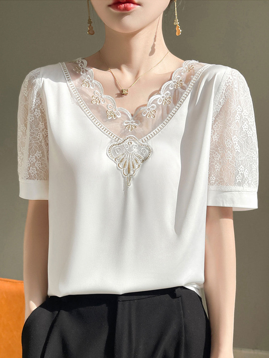 Ava Classic V-Neck Hollowed Lace Satin Top