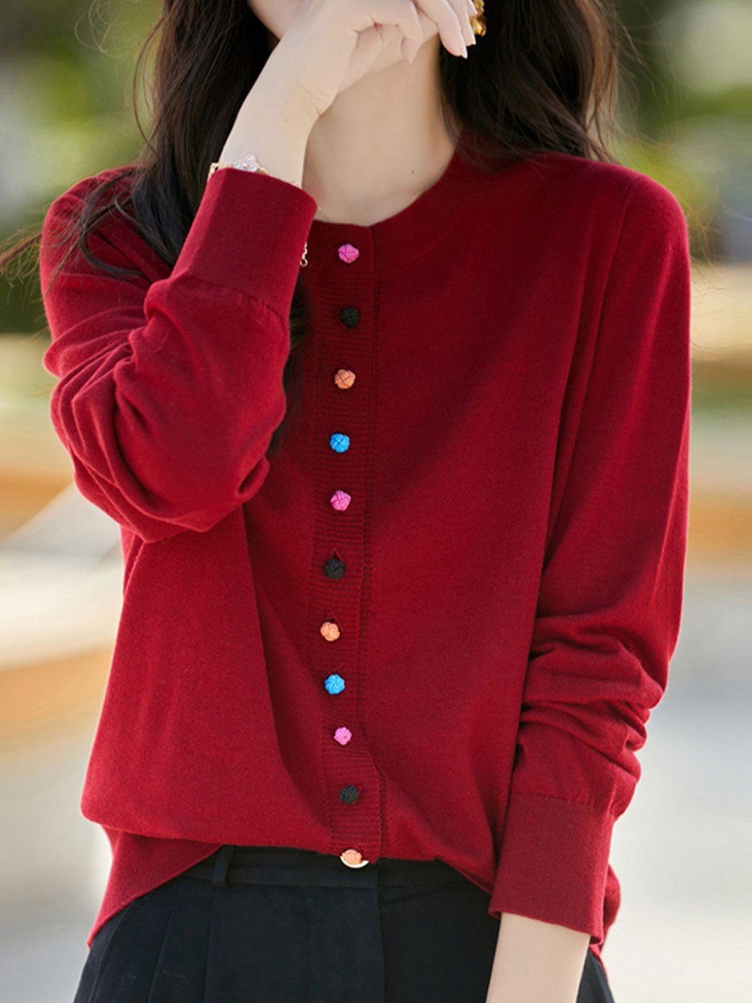 Brianna Classic Crew Neck Solid Color Knitted Cardigan-Red