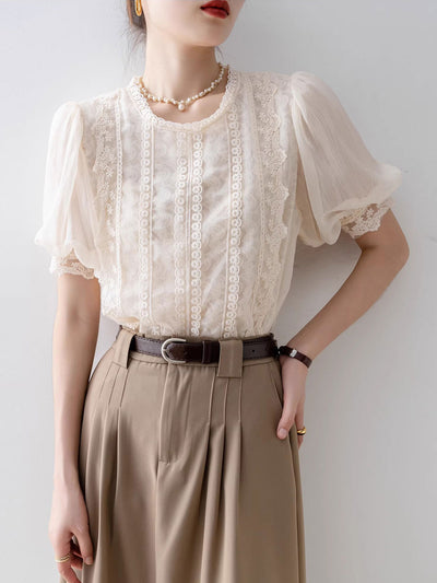 Lillian Retro Crew Neck Puff Sleeve Lace Chiffon Blouse