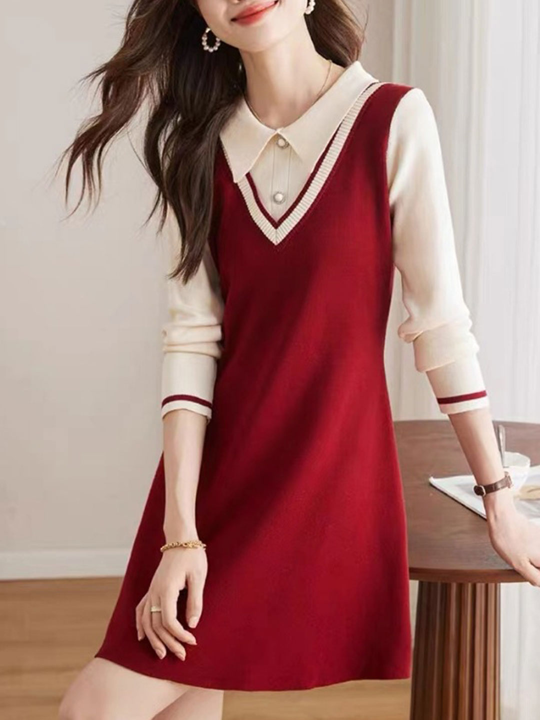 Ava Classic Lapel Collar Contrasted Knitted Dress