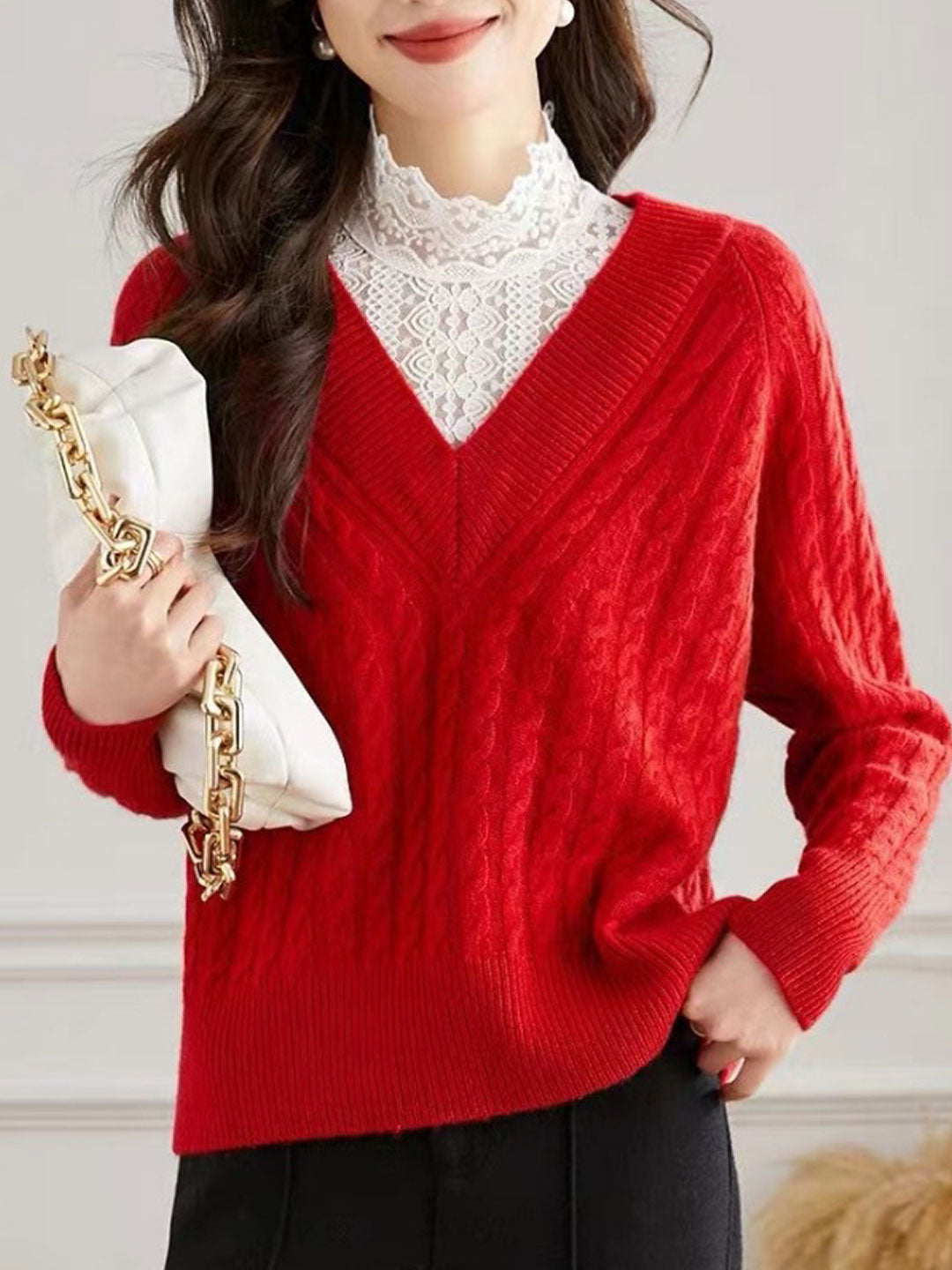 Isabella Elegant Lace Panelled Turtleneck Sweater