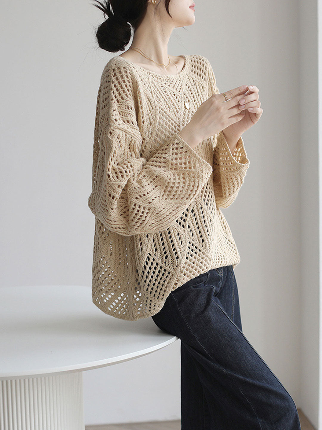 Isabelle Loose Crew Neck Hollowed Knitted Sweater