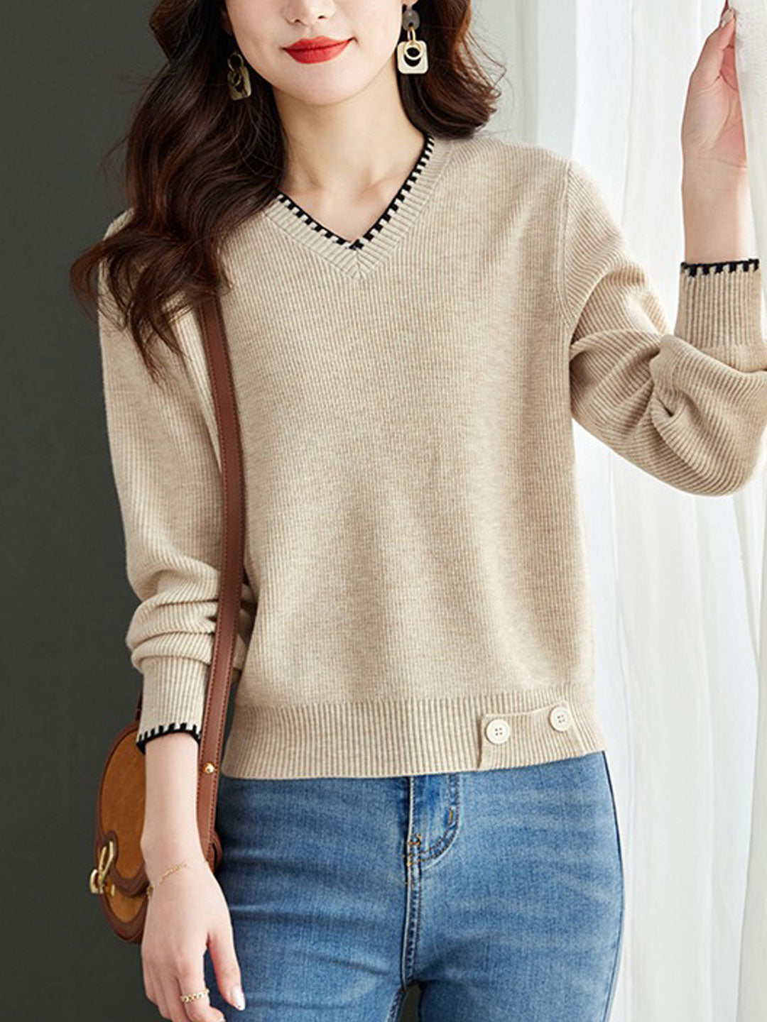 Isabella V-Neck Solid Color Knitted Sweater