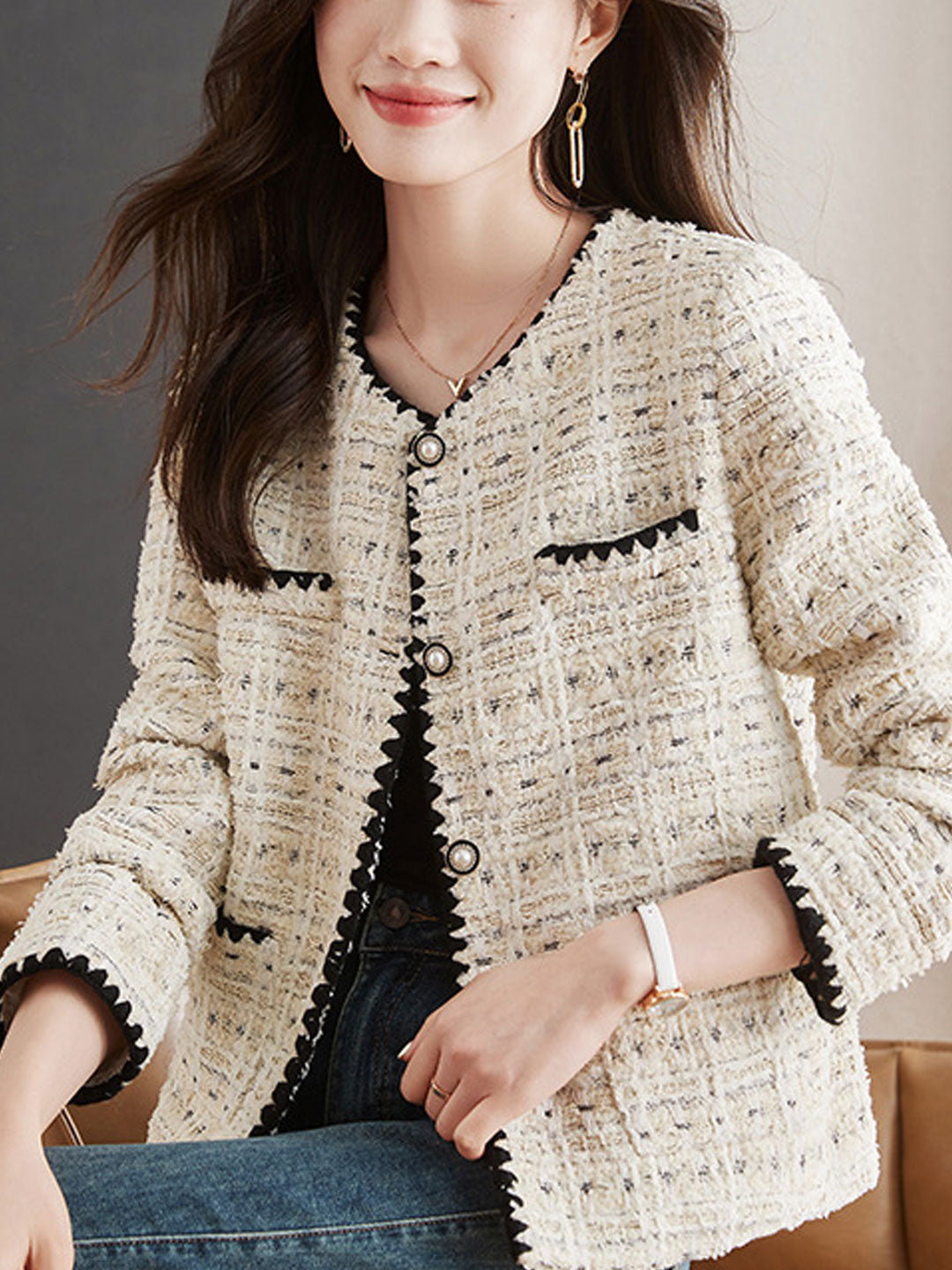 Rachel French Style Crew Neck Tweed Jacket