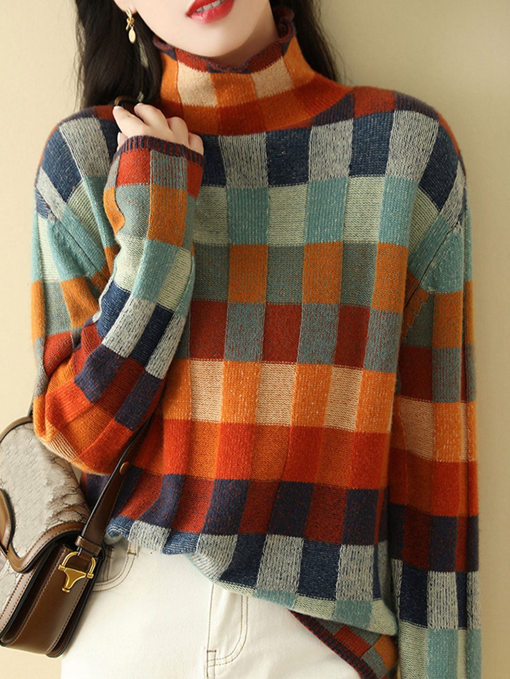 Caroline Loose Turtleneck Plaid Knitted Sweater