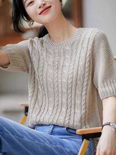 Angelina Loose Crew Neck Twisted Hollowed Knitted Top