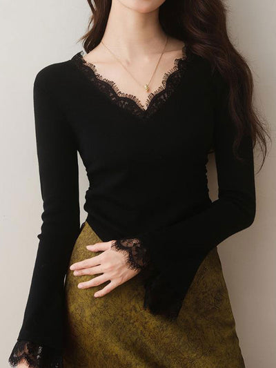 Maria Retro V-Neck Flared Sleeve Lace Knitted Top