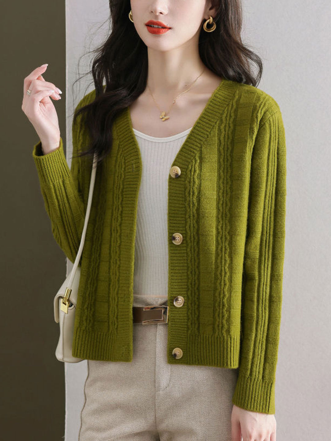 Ava Casual V-Neck Ribbed Solid Color Knitted Cardigan