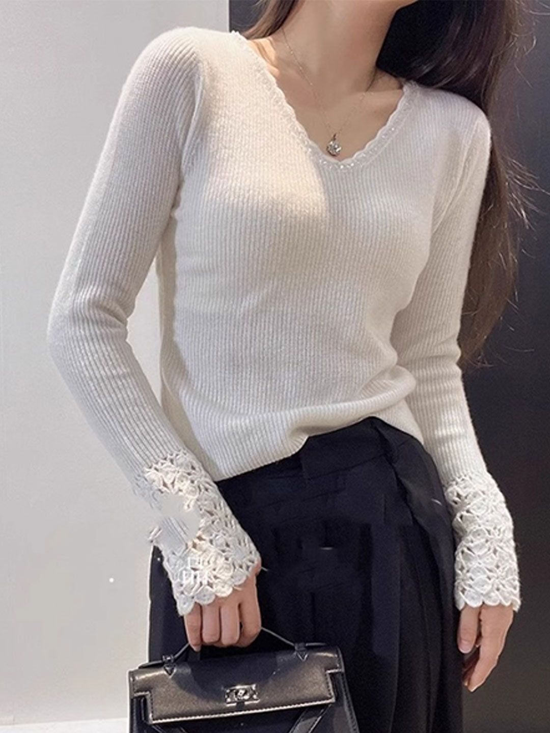 Sarah V-Neck Crochet Hollowed Knitted Top