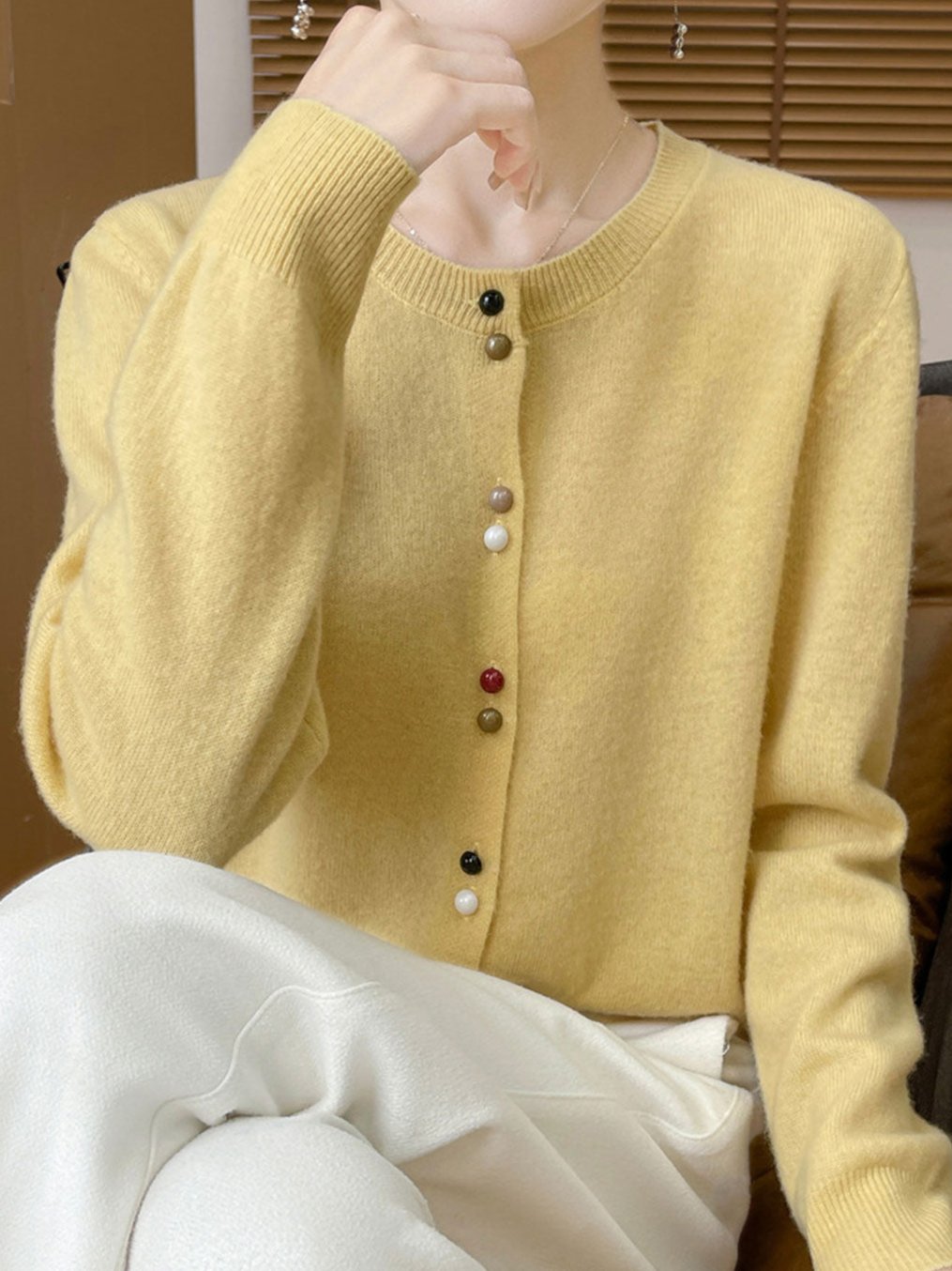 Mya Loose Crew Neck Solid Color Knitted Cardigan-Yellow