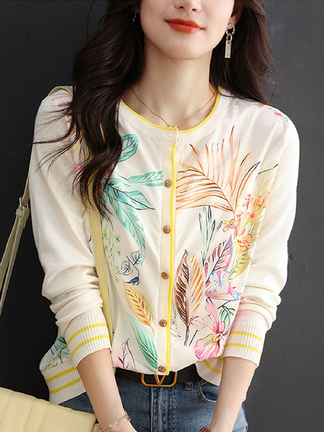 Sophia Loose Crew Neck Printed Knitted Cardigan