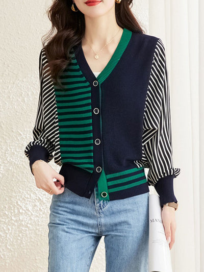 Trinity Casual V-Neck Striped Knitted Cardigan-Green