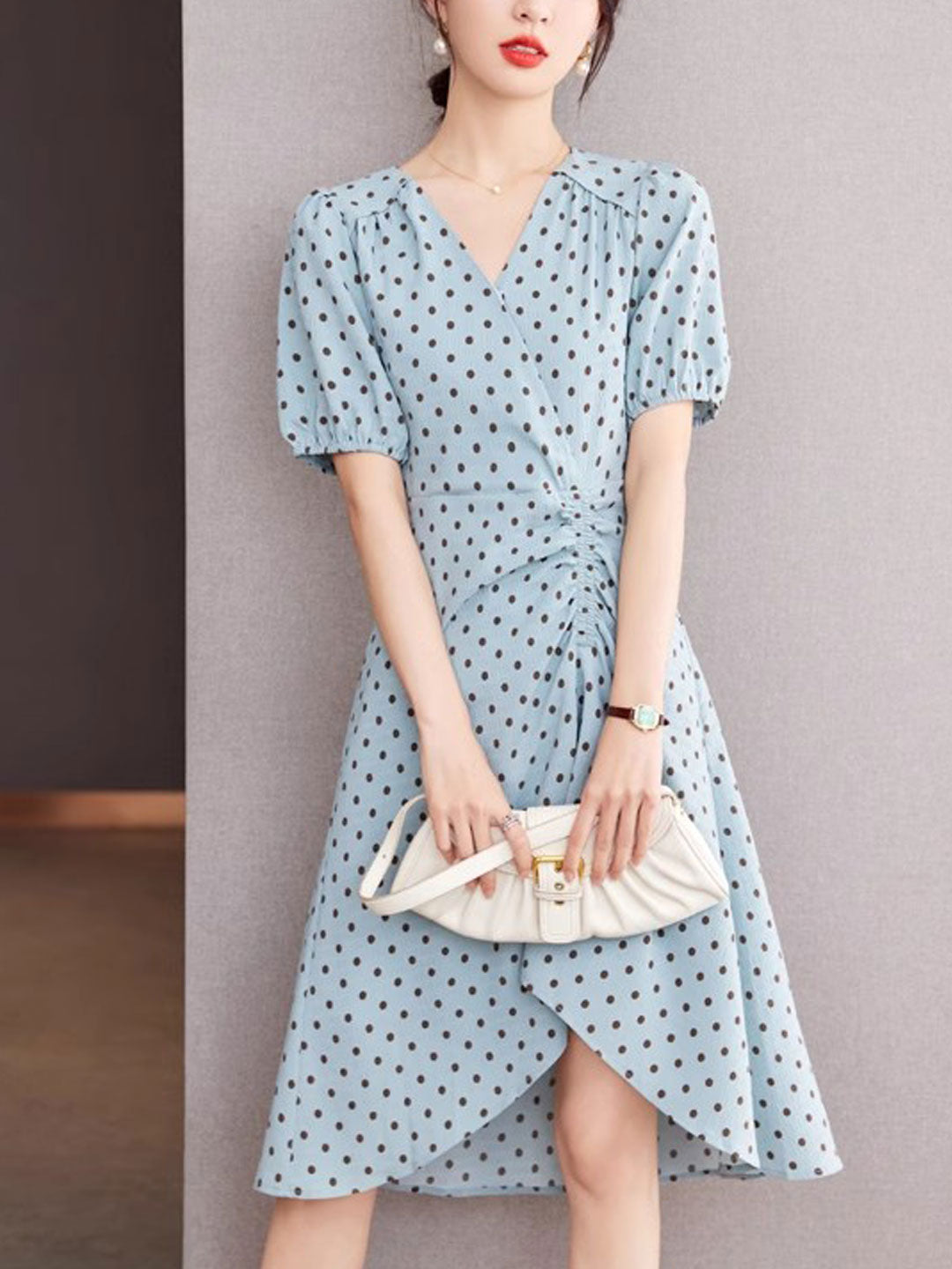 Chloe V-Neck Polka Dot Printed Irregular Dress