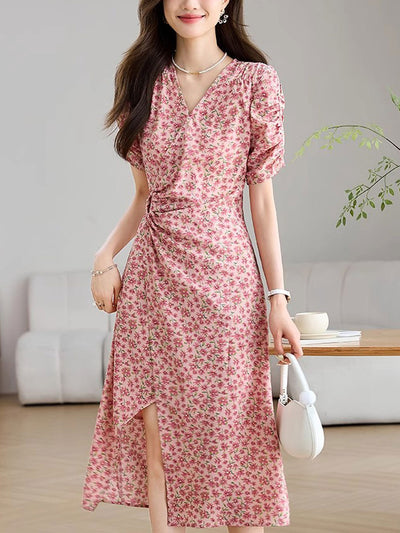 Bella Elegant V-Neck Floral Printed Silk Dress