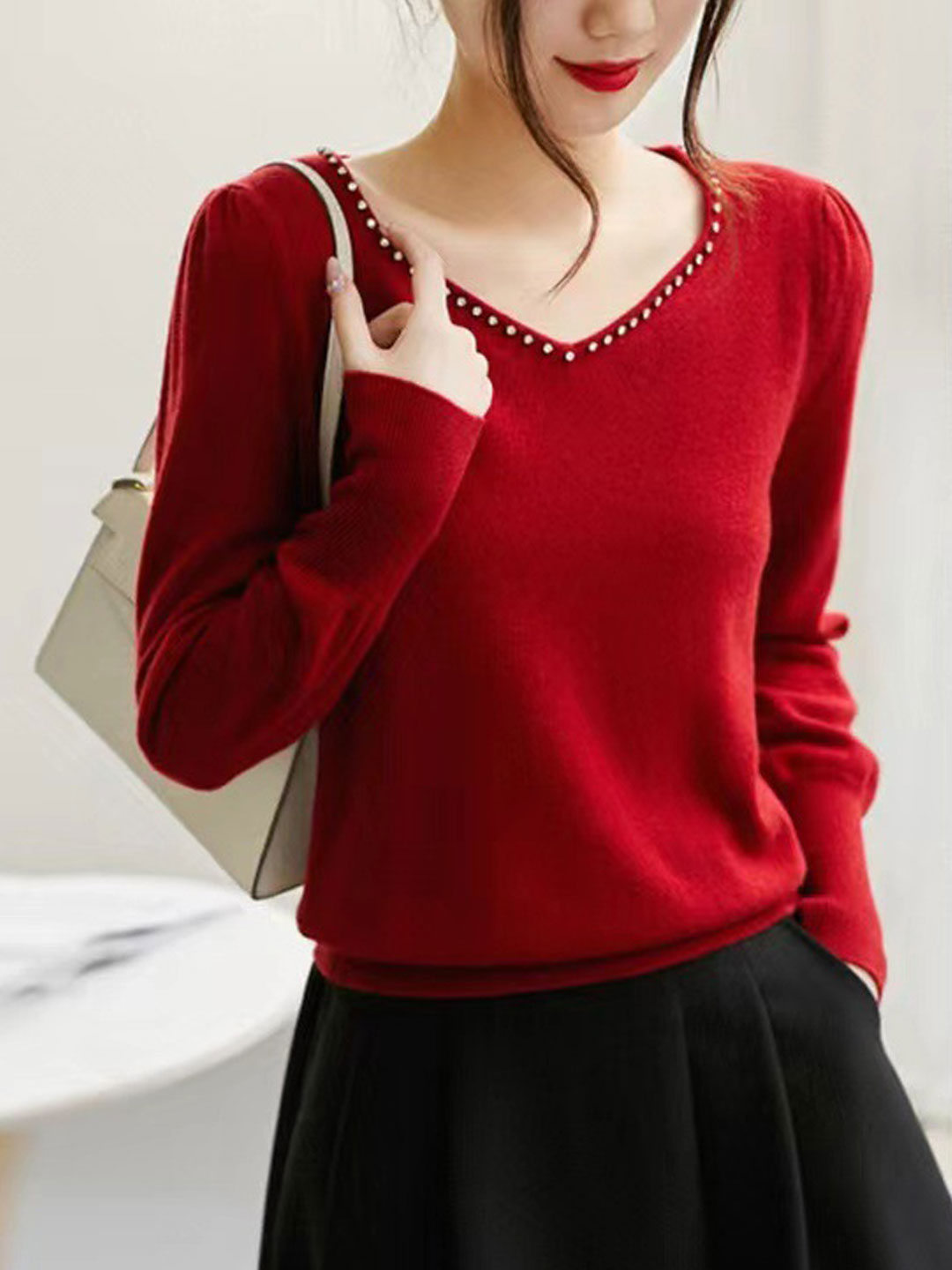 Chloe Elegant V-neck Knitted Sweater-Red