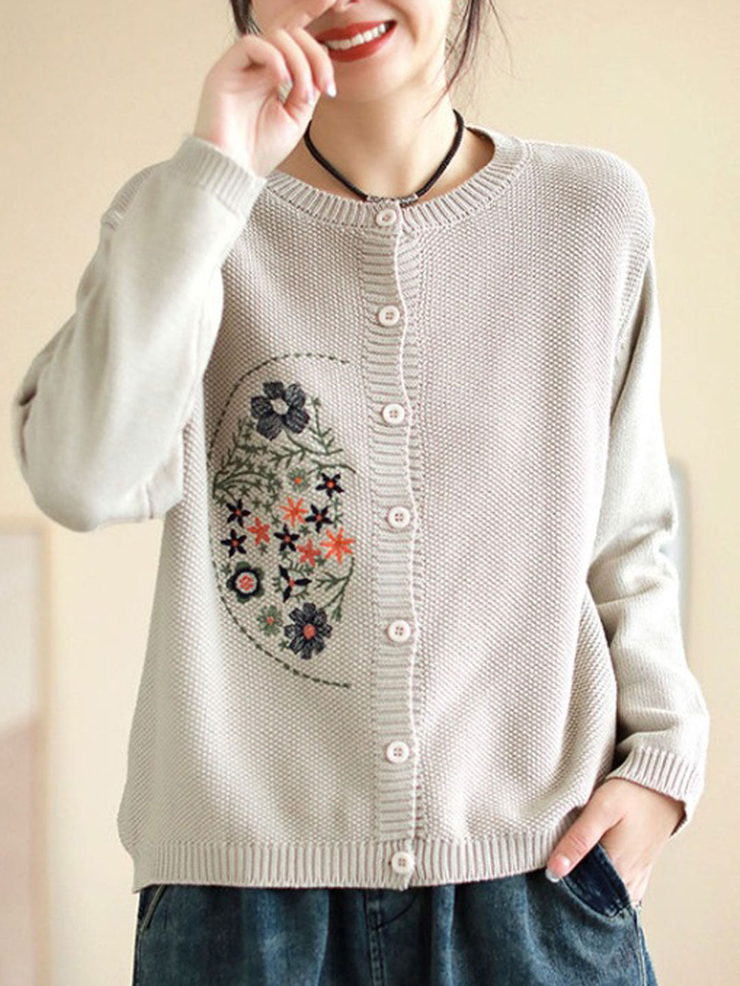 Brianna Retro Crew Neck Embroidered Knitted Cardigan