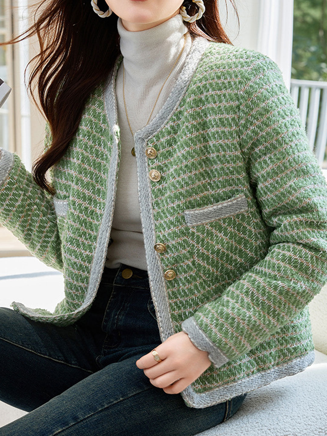 Molly Classic Crew Neck Yarn Button Tweed Jacket